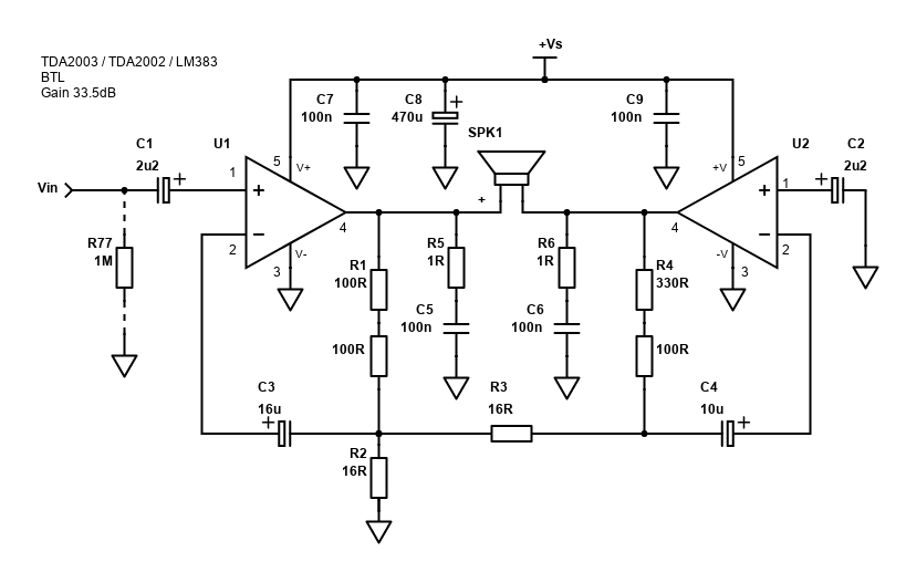 TDA2003 / TDA2002 / LM383 BTL bridge-tied-load schematic