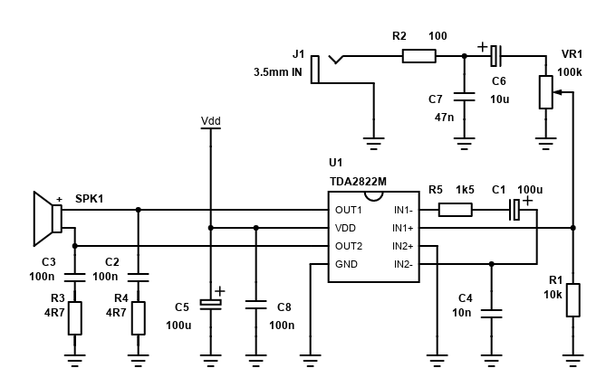 Schematic for a TDA2822M gain reduced bridge amplifier