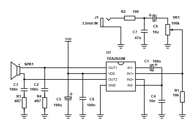 Schematic for a TDA2822M bridge amplifier