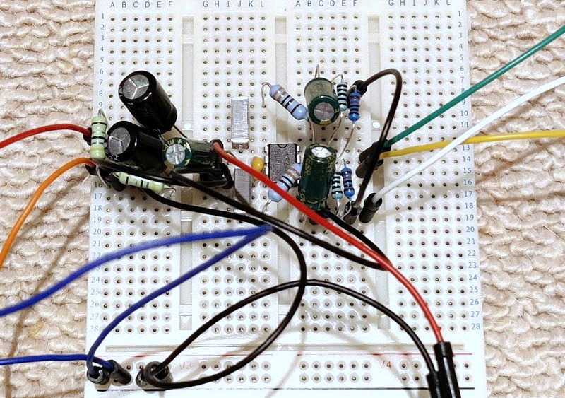 TDA2822M Bass Boost Example on a breadboard
