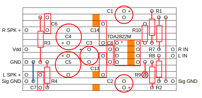 TDA2822M Stereo Bass Boost Stripboard layout
