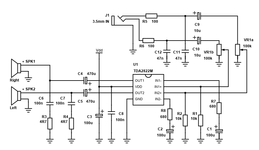 Schematic for a TDA2822M gain reduced stereo amplifier