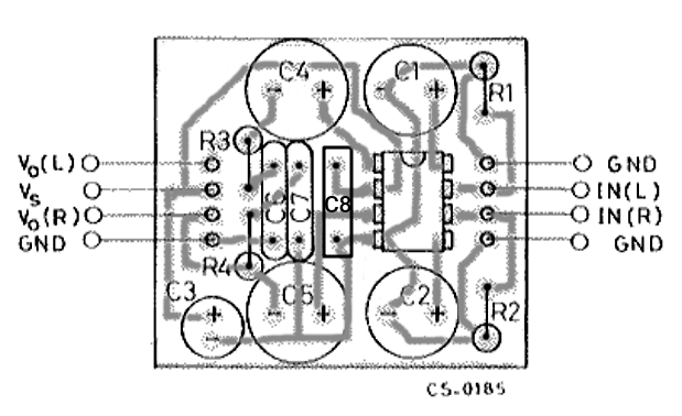 PCB for the TDA2822M stereo amplifier