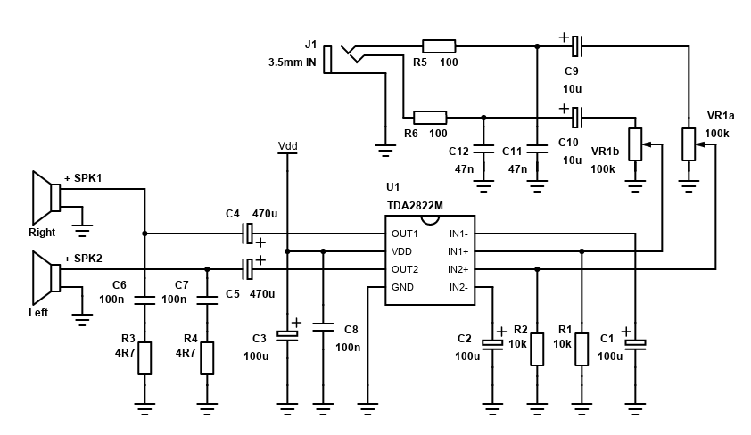 Schematic for the TDA2822M stereo amplifier